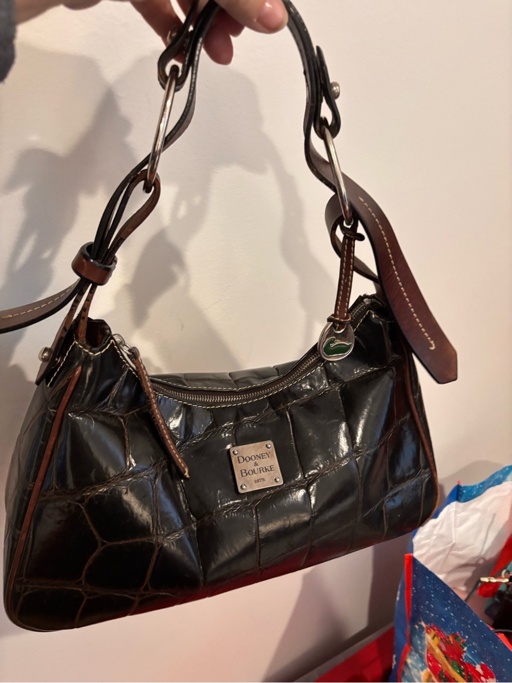 Dooney & Bourke Black Croc-Embossed Patent Leather Shoulder Bag